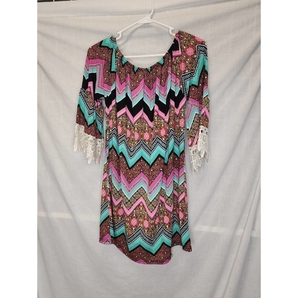 Chevron Top Tunic Boho Blouse Size XLarge 3/4 Lace Multi-Color Hippie Women's - Picture 7 of 8